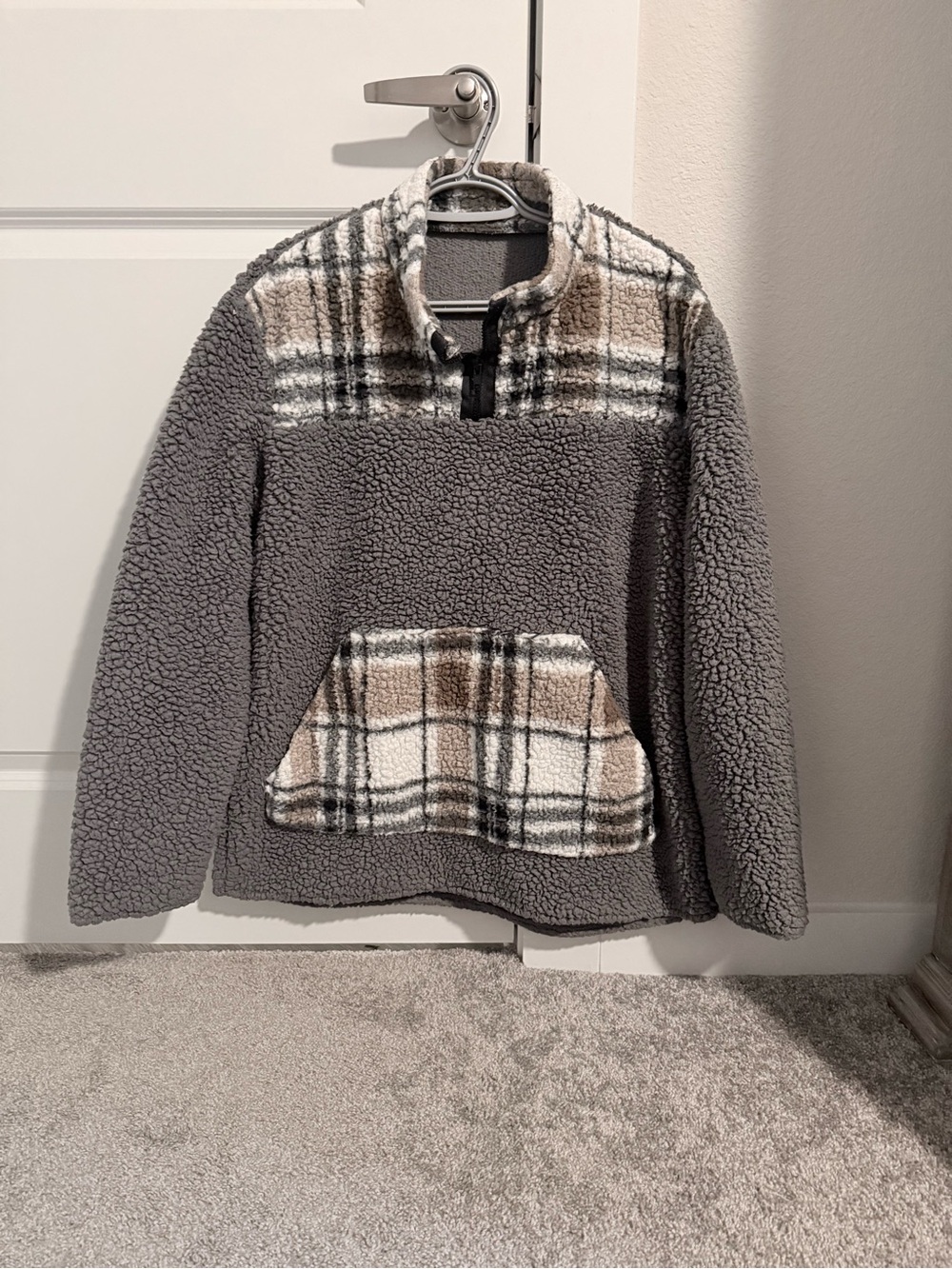 Cozy Grey Sherpa Pullover with Plaid Accents
